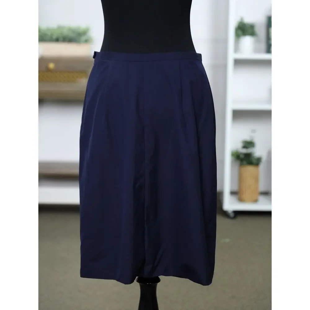 Vintage Paul Stuart Made in Italy Navy Silk Blend A-Line Midi Skirt Quiet Luxury
